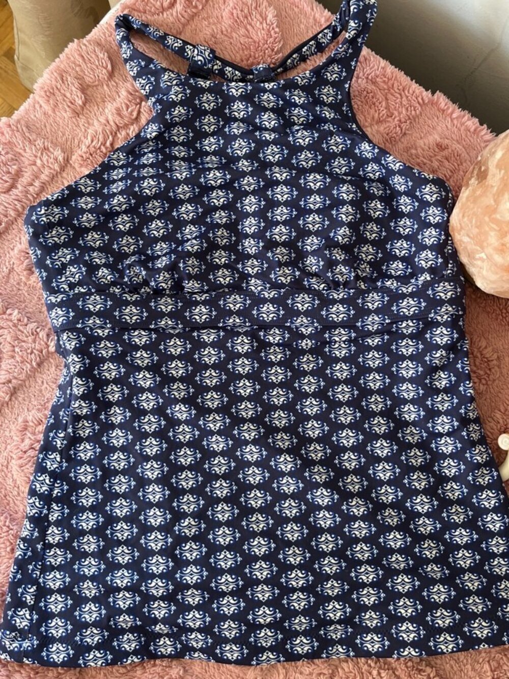 Athleta High Neck Vacation Summer white and blue swim tankini women’s 32B/C